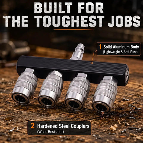 Top Shelf 4 Way Straight Air Manifold Splitter With Quarter Inch Quick Couplers Solid Aluminum Body and Heavy Duty Steel Fittings