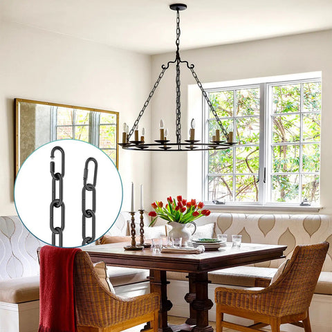 Dining room with chandelier hung by Six Foot Industrial Black Light Fixture Chain For Pendant Chandeliers, adjustable metal link