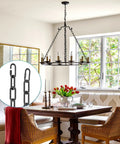 Dining room with chandelier and Industrial Black 20 Foot Adjustable Light Fixture Chain With Connection Locks for hanging.
