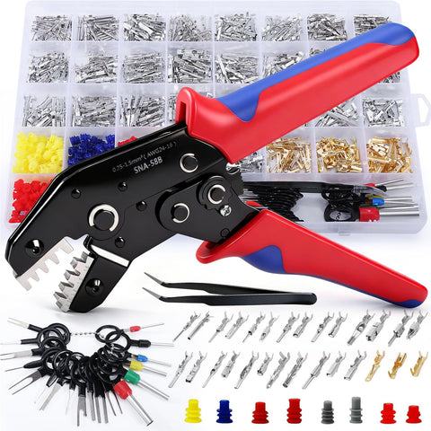 969 Piece Connector Pins Kit And Crimp Tool Set For Pro Grade DIY Friendly Automotive Electrical Wiring With 28 Terminal Pin Types And Wire Harness Seals displayed with tools and components.