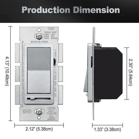 Front and side view of Matte Silver Dimmer Switch Kit, 10 Pack, Single Pole Or 3 Way, Dimmable LED CFL Incandescent And Halogen Ready.