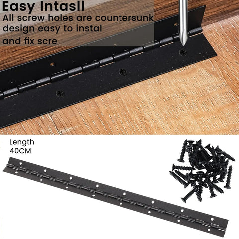 Extra Heavy Duty Stainless Steel Piano Hinges For Garage Doors And Pickup Trucks 16 Inch Matte Black Continuous Hinges With Built Tough Armor And Corrosion Resistant Coating Set Of Two, shown mounted with screws.