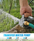 Hella Efficient Heavy Duty Electric Water Transfer Pump 115V 1/10 Hp Portable Utility Pump with hose spraying water outdoors.