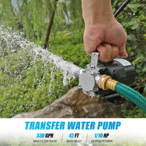 Hella Efficient Heavy Duty Electric Water Transfer Pump 115V 1/10 Hp Portable Utility Pump with hose spraying water outdoors.