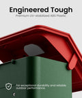 Close-up of a solar powered bird feeder with a red cover and green body, showcasing durability and design for outdoor use.