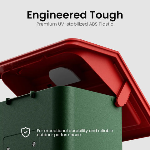 Close-up of a solar powered bird feeder with a red cover and green body, showcasing durability and design for outdoor use.