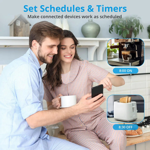 Couple using 4 Pack S31 WiFi Smart Plug With Energy Monitoring And 15A Outlet Works With Alexa and Google Home IFTTT Compatible