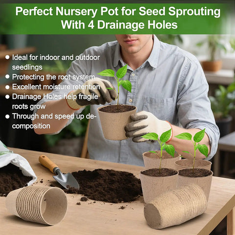 Person using 60 Pack 4 Inch Peat Pots With Drainage Holes For Seed Starting And Germination Biodegradable Paper Nursery Pots