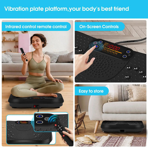 Woman using Vibration Plate For Lymphatic Drainage And Full Body Workout With Resistance Bands 450 Lbs Capacity Black at home.