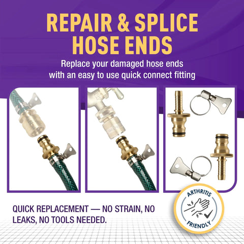 Easy Connect Garden Hose Repair Kit With Barbs And Integrated Male Quick Connector, includes hose clamps, perfect for splicing.