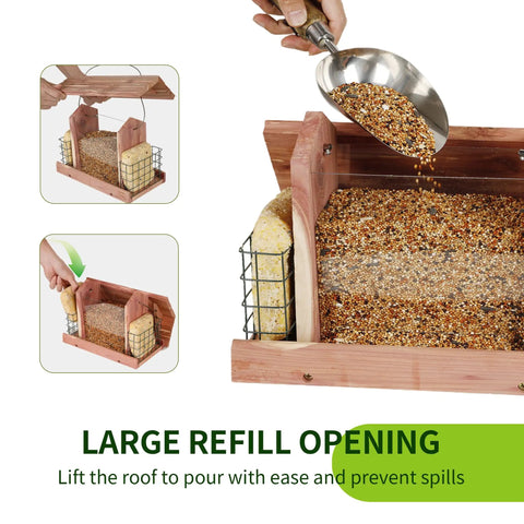US Cedar Outdoor Bird Feeder With Hanging Design Handcrafted Wood Double Suet Cage Clear View Windows Squirrel Proof Wild Bird Feeder For Cardinals Finches Chickadees being filled with seeds