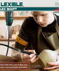 NEU MASTER rotary tool with flexible shaft, teal/black, 180W corded, being used to carve a ceramic pot