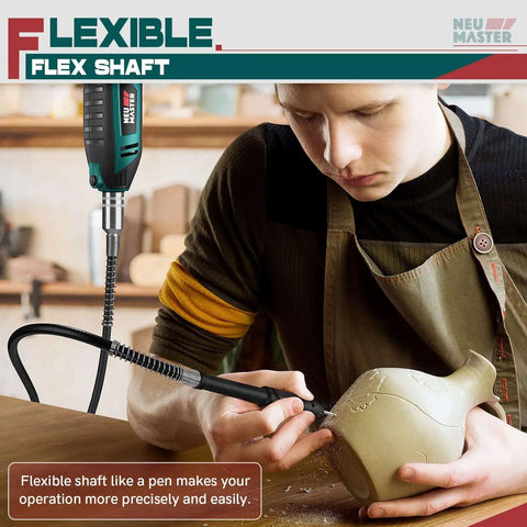 NEU MASTER rotary tool with flexible shaft, teal/black, 180W corded, being used to carve a ceramic pot