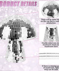 Silver mushroom disco ball with mirror tiles, featuring non-stick head and stem, part of the Mushroom Disco Ball Set Of Four, Silver Mirror Glitter Balls For Stage And Home Party Decor, 4 Inch, 4 Inch, 6 Inch And 7 Inch, Party Favors To Elevate Your Vibe And Lighting.