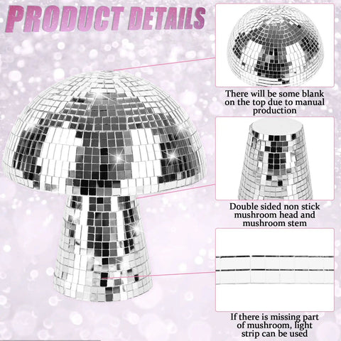 Silver mushroom disco ball with mirror tiles, featuring non-stick head and stem, part of the Mushroom Disco Ball Set Of Four, Silver Mirror Glitter Balls For Stage And Home Party Decor, 4 Inch, 4 Inch, 6 Inch And 7 Inch, Party Favors To Elevate Your Vibe And Lighting.