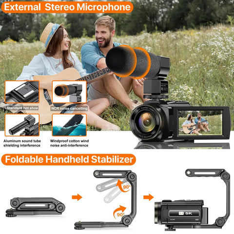 5K UHD Video Camcorder With 48MP Photos, WiFi Vlogging Camera For YouTube featuring foldable stabilizer and external stereo microphone