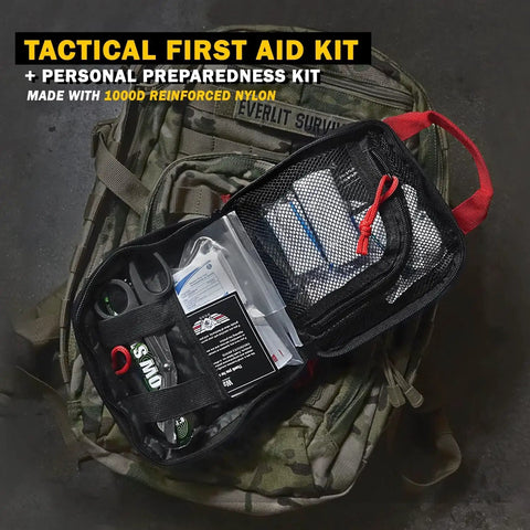 180 Piece Tactical EMT First Aid Kit in MOLLE pouch with supplies, over camouflage backpack, ready for emergencies.