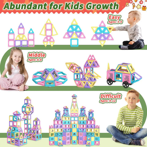 Awesome 100 Piece Magnetic Tiles Set For Kids Magnetic Blocks STEM Toy For Ages 3 To 8 Build Cars Castles And More Hands On Learning With Colorful Macaron Blocks Ideal Gift For Boys And Girls. 100-piece ABS magnetic tile set shown with kids building cars and castles