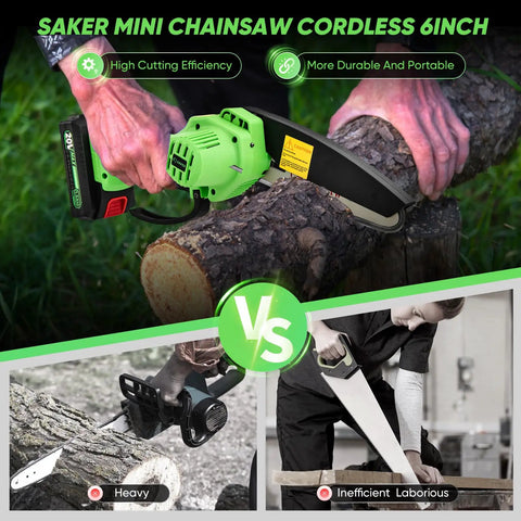 Mini Cordless Chainsaw Six Inch One Hand Portable For Tree Trimming Pruning And Wood Cutting Battery Powered Upgraded Copper Motor