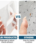Comparison of 48 Sheet Window Screen Patches Repair Kit With Four Size Tape Set Fiberglass Adhesive against regular screen mesh.