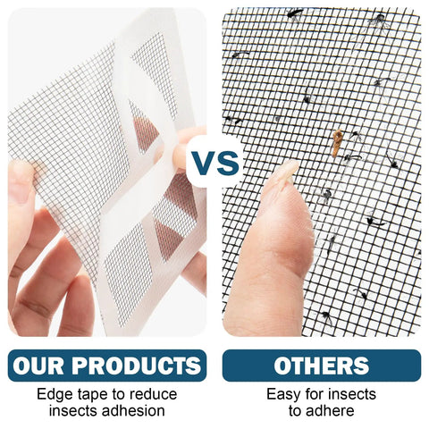 Comparison of 48 Sheet Window Screen Patches Repair Kit With Four Size Tape Set Fiberglass Adhesive against regular screen mesh.