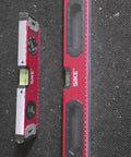 Two piece set.SIKE G20 Spirit Level, Red Aluminum, 24"/12" displayed on black surface with precision vials and grip handles.