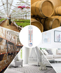 Analog Hygrometer Thermometer For Indoor Outdoor Use No Battery Required Easy To Read Humidity And Temperature Gauge With Celsius Fahrenheit For Patio Garden Cellar Greenhouse Closet displayed among various indoor and outdoor settings including greenhouse, cellar, warehouse, and living room.