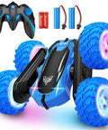 High Speed 2.4GHz Remote Control Stunt Car Beast Mode with blue rotating wheels, dual batteries, and wireless controller.