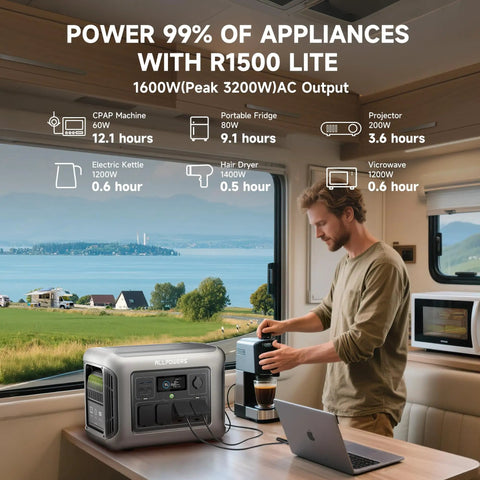 Man using R1500 LITE Solar Generator With 1056Wh LiFePO4 Battery And 100W Foldable Solar Panel in a camper with lake view