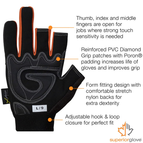 Leather Half Finger Framers Gloves Large Size Black And Orange With Open Fingertips For Maximum Dexterity And Heavy Duty Grip Durable Construction For Construction Carpentry And Hand Tasks.