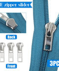 Zipper Repair Kit 62 Piece Metal Zipper Parts Retainer Box Zipper Pull Replacement Top Stop Bottom Stop Fix Zipper Head For On The Go Repairs Of Coats Jackets Tents Backpacks Sleeping Bags Luggage in front and back view of silver zipper sliders on blue fabric