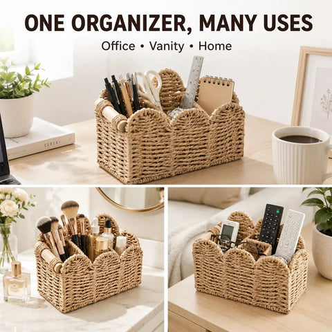 Handwoven Paper Rope Desk Organizer Basket With Wooden Handle Keeps Your Desk Clean With Must Have Multi Compartment Caddy