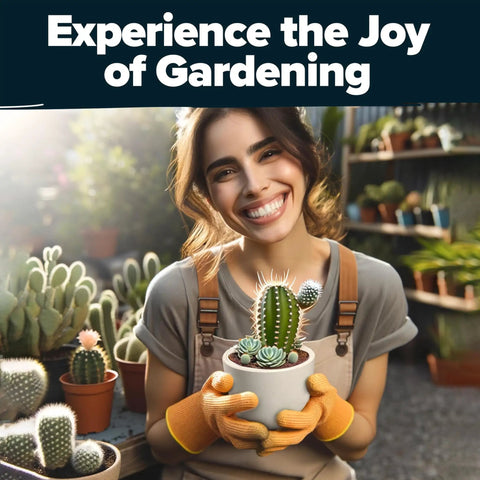 Person holding a potted cactus plant, surrounded by other succulents, promoting Succulent And Cactus Seed Kit For Planting Enthusiasts Favorite Premium Starter Kit With Four Planters Drip Trays Markers Seeds Mix And Soil Great Diy Gift For Beginners And Plant Nerds.