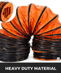25 Ft PVC Flexible Ducting Hose with S Hooks and Steel Support for 8 Inch Utility Blower, coiled with orange heavy-duty material