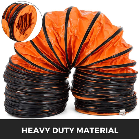 25 Ft PVC Flexible Ducting Hose with S Hooks and Steel Support for 8 Inch Utility Blower, coiled with orange heavy-duty material