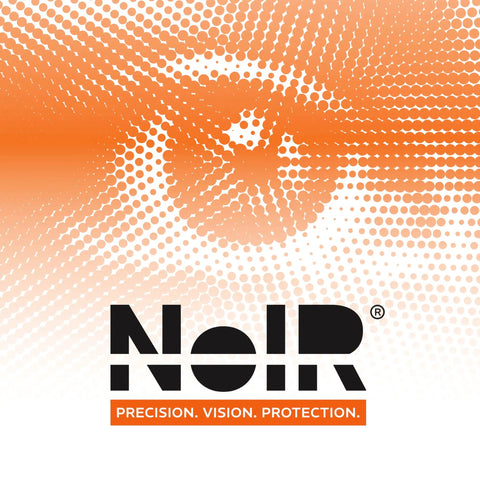 Logo design of NoIR with slogan 'Precision. Vision. Protection.' in orange and black on a dotted background.