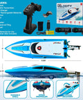 Velocity Blue RC Boat For Pools And Lakes, Super Fast Remote Control Boat For Adults And Kids, 2 4GHz Transmitter, Dual Rechargeable Batteries, Low Battery Alert, Underwater Driving Capabilities with detailed accessories and features.