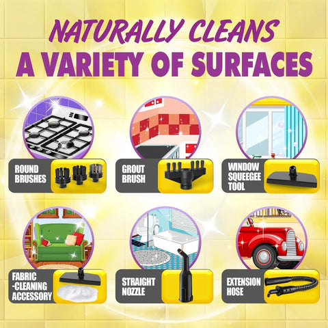 No Stress Deep Clean Handheld Steam Cleaner With 1200 Watt Fast Heat And Ten Tough Attachments for various cleaning tools.