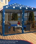 Easy Up 10x10 Pop Up Canopy With Netting And Mesh Sidewalls, Carrying Bag, Adjustable Height, American Flag Outdoor Shade Tent For Backyard And Lawn, 100 Sq Ft Of Shade set up on a wooden deck with patio furniture inside.