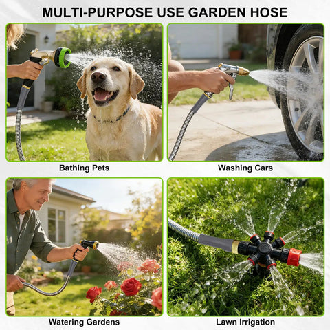 Heavy Duty Burst Resistant Metal Garden Hose With 304 Stainless Steel Outer Shell And Rugged PVC Liner, 3 Feet Long, used for bathing pets, washing cars, watering gardens, and lawn irrigation.