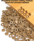 Brown plastic screw cover caps showcased with wood panel, highlighting precision casting, moisture-proof and corrosion-resistant features.