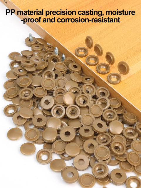 Brown plastic screw cover caps showcased with wood panel, highlighting precision casting, moisture-proof and corrosion-resistant features.
