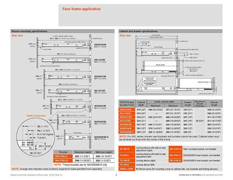 Diagram of Go-To 15 Inch Tandem Drawer Slide Kit With Soft Close for face frame application, showing specifications and measurements.