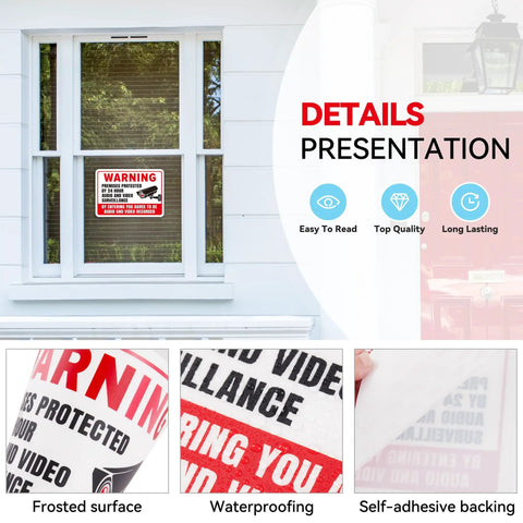 Two Pack Top Shelf Security Camera Warning Stickers With Realistic Video Monitoring Graphics For Warehouses Or Homes High Visibility Vinyl Decals Heavy Duty Adhesive That Really Grips Tight Indoors Outdoors on a window.