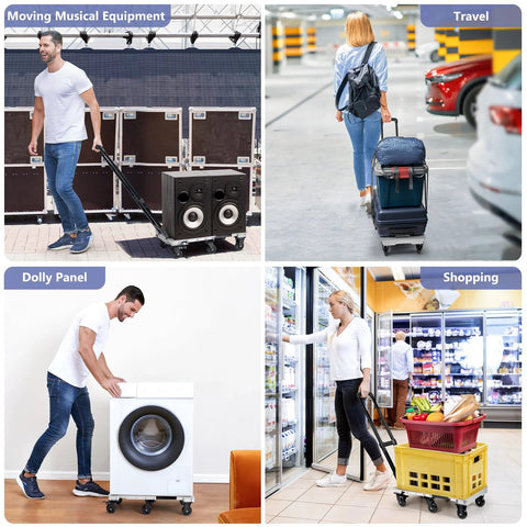 KEDSUM aluminum folding hand truck dolly with 6 wheels; shown moving speakers, luggage, a washing machine, groceries.