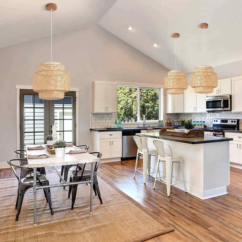 Hand Woven Bamboo Pendant Light With Natural Rattan Basket Shade Dope Beige Bamboo Chandelier in modern kitchen setting