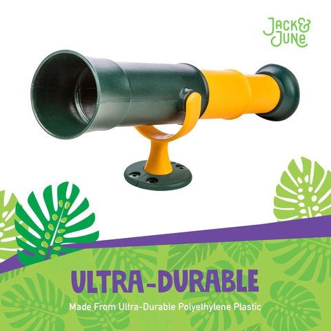 Green and Yellow Telescope Playset Attachment With 360 Degree Spin for Kid Friendly Outdoor Adventures Durable Polyethylene Build Easy Mounting Kit Included Sparks Imagination and Endless Backyard Explorations. durable green and yellow plastic playset telescope