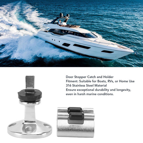 Door stopper catch and holder set; 316 stainless steel marine-grade hardware (2 pieces) for boats, RVs, and home use