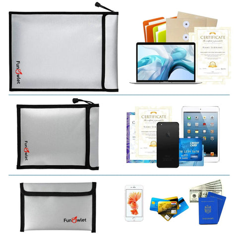 Fireproof Waterproof Money And Document Bag 3 Pack Safe Pouch With Silicone Coated Fiberglass Construction Heat And Water Guard