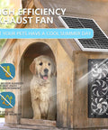 Dog in wooden kennel with Solar Exhaust Fan Kit With 25W Solar Panel And Three Vent Fans Workhorse for ventilation, IP67 waterproof.